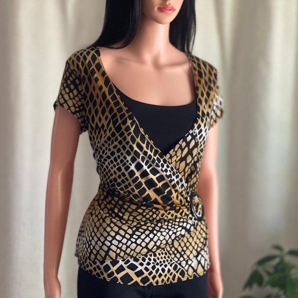 Vtg 90s Gold Black Snake Print Faux Wrap Top Ring Mob Wife Trashy McBling PL